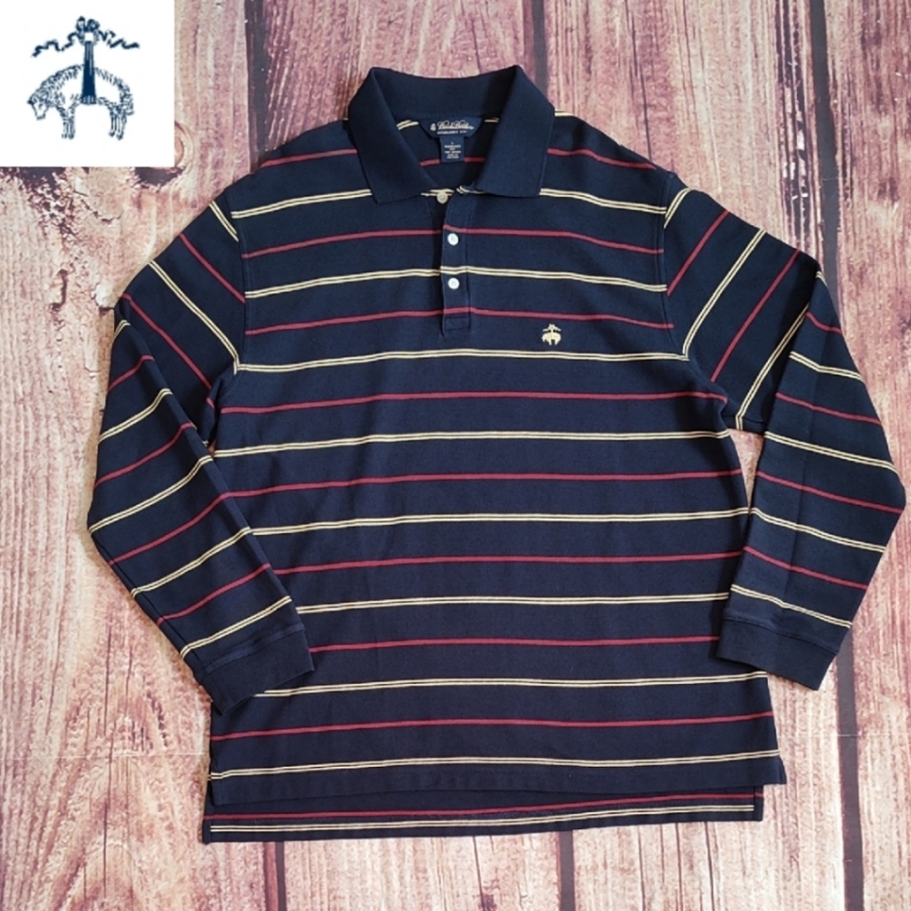 NWOT Vtg Brooks Brothers Gold and Red Striped Navy Blue Soft Knit Polo Shirt